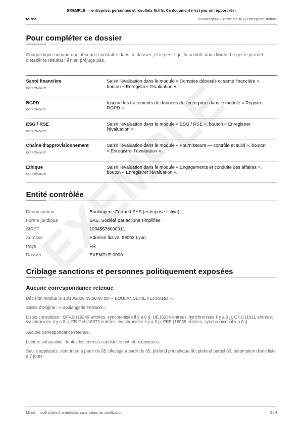 Page deux du rapport d'exemple : « Pour compléter ce dossier », le geste qui comble chaque absence.